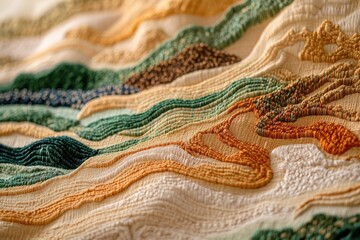 Aufkleber - Detailed close-up shot of a textured, layered textile artwork resembling a landscape with earth-toned hues and intricate patterns.