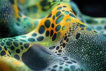 Poster - Intricate fabric texture with a mix of cellular, spotted, and vibrant patterns in green, yellow, and dark tones.