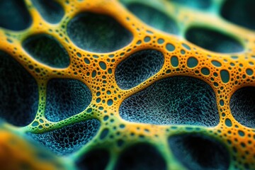 Leinwandbilder - A detailed macro shot displays a porous structure with an organic, cellular appearance in yellow, blue, and green tones.