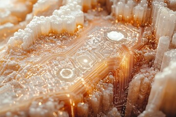 Poster - Abstract blend of crystal formations intertwining with golden, intricate circuits creating a futuristic, geological marvel.