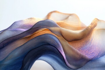 Leinwandbilder - Ethereal waves of translucent fabric cascade in hues of blue, gold, and purple, creating a mesmerizing, artistic textile composition.