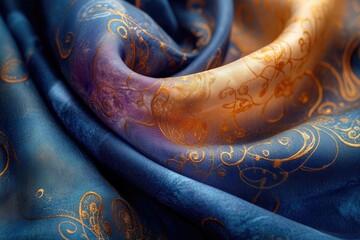 Aufkleber - Elegant blue silk with gold swirls and patterns, flowing gracefully to create a luxurious, artistic texture.