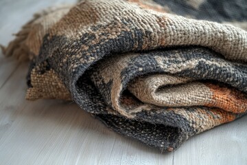 Aufkleber - A close-up shot of a folded, textured blanket in neutral tones, with patterns and a fringed edge.
