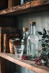 Poster - Empty glass bottles and drinking glass sitting on rustic shelf with red berries