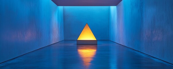 Fototapete - Luminous yellow pyramid illuminating blue room