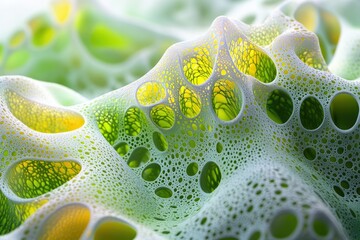 Poster - Intricate, porous, foam-like structure with green and yellow hues, resembling a complex organic network at a microscopic level.
