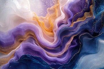 Fototapete - Elegant waves of sheer fabric in shades of purple, gold, and blue create an abstract, luxurious texture.