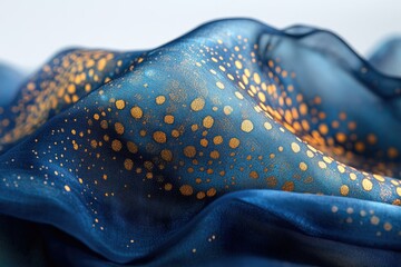 Poster - A luxurious, flowing fabric of deep blue adorned with shimmering gold dots, creating a celestial or ethereal effect.