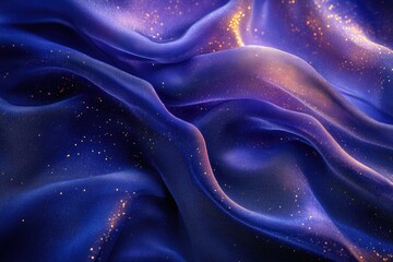 Aufkleber - Abstract image of flowing, shimmering fabric in shades of blue and purple, scattered with tiny, glittering golden highlights and subtle light.