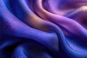 Poster - Elegant, draped fabric in shades of blue and purple, shimmering with golden sparkles, creating a luxurious and ethereal texture.