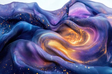 Poster - A mesmerizing blend of violet, blue, and gold hues, resembling a flowing galaxy with glittering stars.