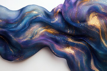 Aufkleber - Flowing blue and purple silk fabric adorned with sparkling golden accents, resembling a celestial galaxy swirling through space.