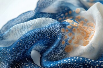 Aufkleber - Elegant, flowing fabric in shades of blue, white, and gold with textured designs, creating a sense of movement and artistry.