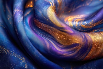 Aufkleber - Flowing fabric with swirling blue, purple, and gold colors and glittering accents, creating a luxurious and cosmic texture.