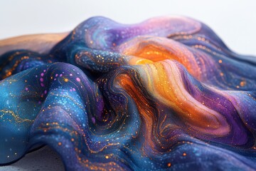 Poster - Abstract fabric with galaxy-like swirls and glitter, showcasing vibrant cosmic colors in a textured pattern.