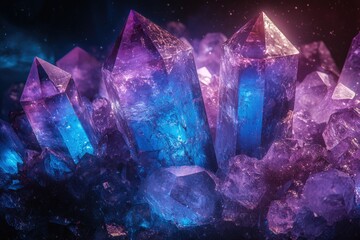 Poster - A cluster of vibrant, illuminated crystals, transitioning from deep blues to rich purples, evokes a sense of magical wonder and natural beauty.