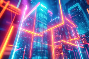 Fototapete - Futuristic cityscape with towering buildings outlined in vibrant neon lights, creating a surreal, high-tech atmosphere.