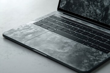 Poster - Laptop resting on a clean surface with a stylish black and gray aesthetic design while powered on, showcasing the screen display and keyboard layout during daylight