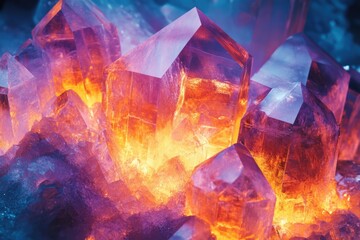 Poster - Vibrant crystals glow with inner light, casting a warm, fiery hue against a cool, contrasting backdrop. A beautiful and magical mineral formation.