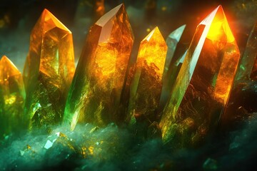 Poster - Radiant crystals glow with inner light, casting ethereal shadows and mystical ambiance, creating a stunning visual.