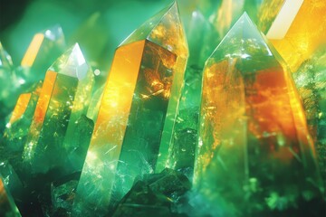 Poster - Luminous, green and golden crystal points cluster, gleaming in a soft, ethereal light, showcasing the facets of nature's raw beauty.