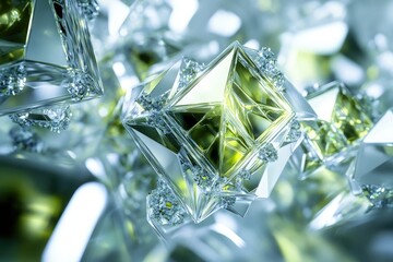 Poster - Close-up of crystalline structures with intricate patterns, reflecting light and suggesting precision and elegance with a subtle green hue.