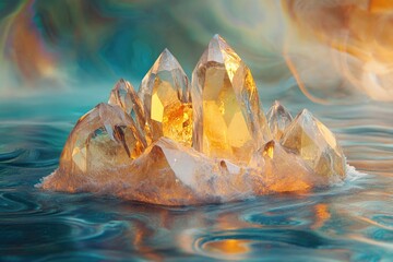 Aufkleber - Glistening golden crystals rise from rippling blue waters, a mystical and captivating natural spectacle.
