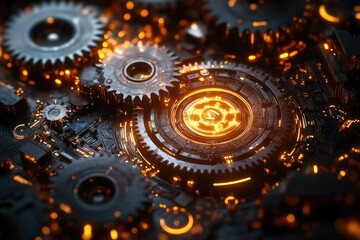 Aufkleber - A close-up of interconnected gears and illuminated circuits, symbolizing complex mechanisms and advanced technological innovation with an orange glow.
