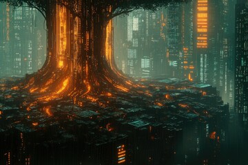 Aufkleber - A colossal, glowing tree trunk anchors a cyberpunk city, its roots intertwining with the futuristic cityscape in a fusion of nature and technology.