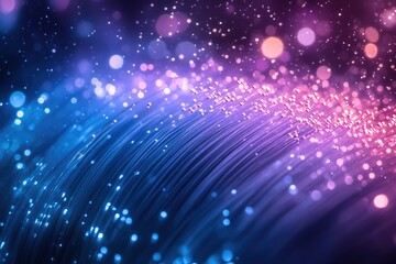 Aufkleber - Fiber optic cables glowing with blue and purple lights, creating an abstract, dreamy, and futuristic visual.