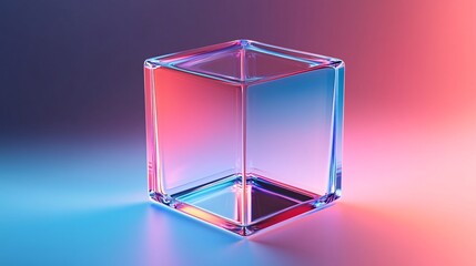 Poster - Empty glass cube displaying vibrant pink and blue neon reflections