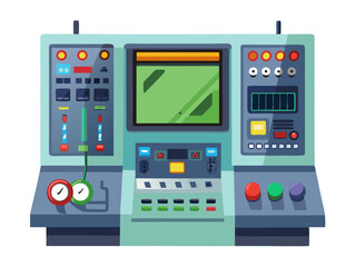  Vector of a digital industrial control panel with screens, buttons, and gauges, isolated on white background.
