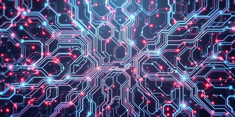 Poster - abstract digital circuit board technology background pink blue neon lines data node cyber light