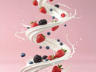 Aufkleber - Dynamic milk splash intertwined with fresh berries including strawberries, raspberries, blueberries, and blackberries against a soft pink and blue backdrop.