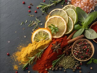 Poster - Various culinary spices and herbs including lemon slices, rosemary, basil, turmeric, paprika, cinnamon, star anise, mixed peppercorns, Himalayan salt, showcasing vibrant colors.