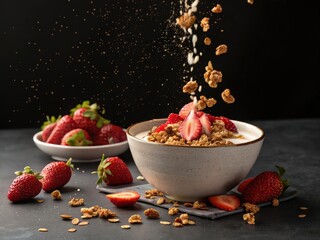 Poster - Granola sprinkled onto yogurt bowl topped with fresh strawberries, surrounded by sliced and whole strawberries on a contrasting dark surface.