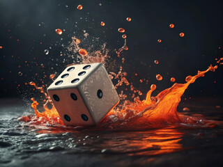 Aufkleber - Die splashing in fiery orange liquid against dark background, dramatic and dynamic contrast highlights black dots.
