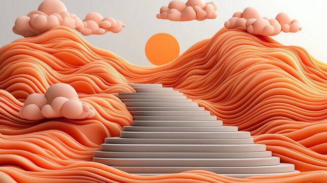 Abstract Surreal Landscape Orange Hills, Staircase, and Setting Sun