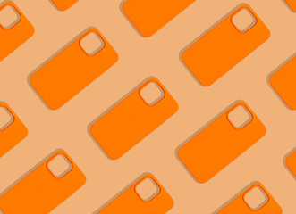 Poster - A modern, orange phone case, repeating abstract pattern, offering sleek protection for a smartphone. arranged in a flatlay, with a sunny, light-filled background, isolated in an overhead studio shot..