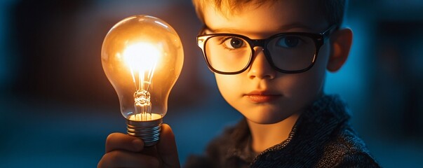 Poster - Smart boy holding a light bulb in the dark
