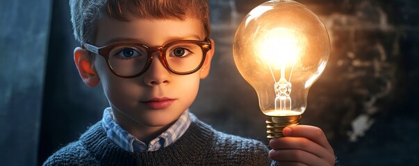 Poster - Smart boy holding a bright idea light bulb