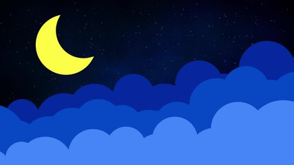 Wall Mural - crescent moon with cloud layers 4k loop features a starry sky with a 2d yellow crescent moon and mov