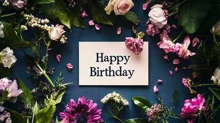 Poster - Happy birthday card surrounded by colorful flowers on blue background