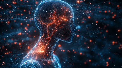 Poster - Intriguing digital representation of human-like figure illuminated with vibrant neural connections in a cosmic environment wallpaper, background, generated by AI