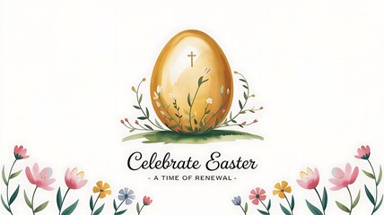 Poster - Easter greeting card with golden egg, Easter Christian background resurrection, A Time of Renewal', subtle cross and floral vines, created with generative ai