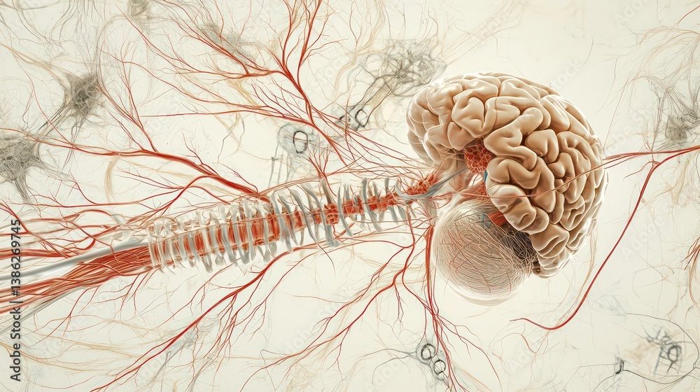 Human anatomy diagram shows nervous system pathways. Brain spinal cord ...