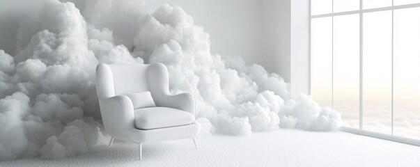 Poster - White armchair standing in white room filled with clouds