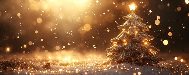 Poster - Golden christmas tree standing in falling snow with sparkling lights
