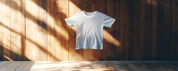 Poster - White t-shirt floating in front of wooden wall with sunlight