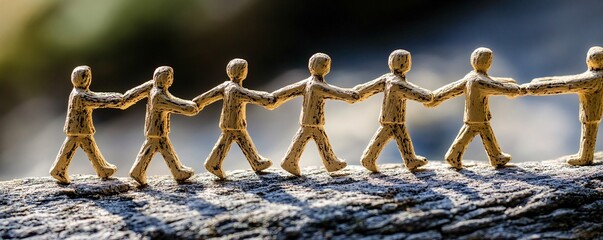 Poster - Wooden figures holding hands and walking forward together